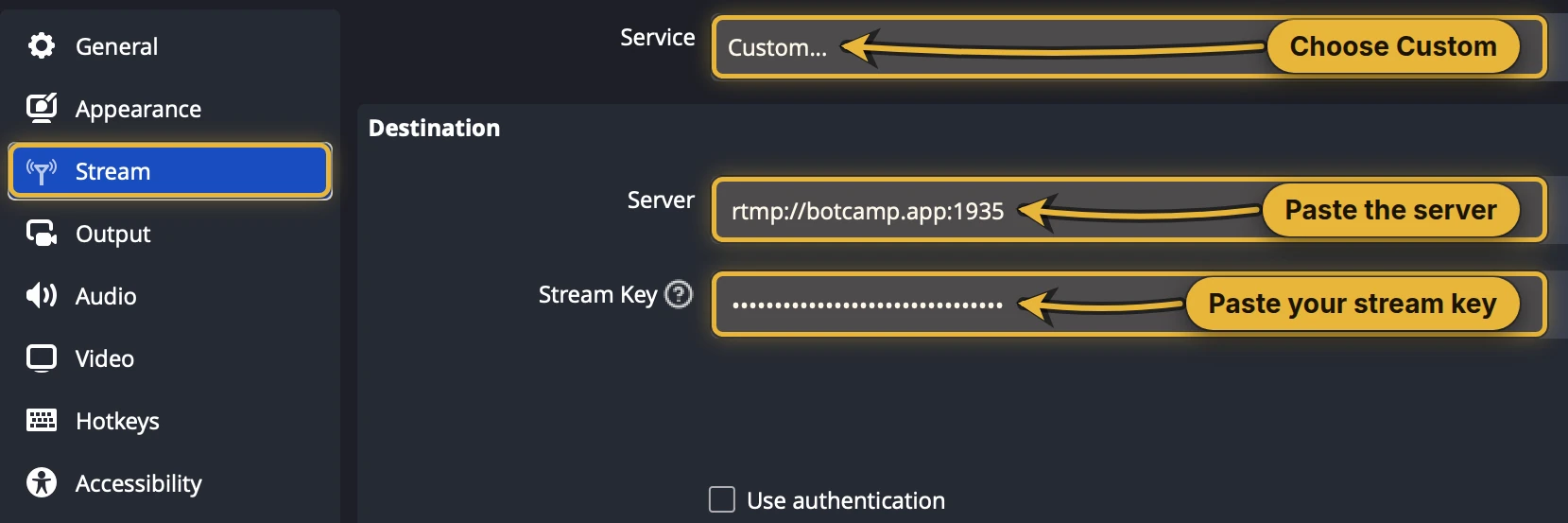 OBS Settings, Stream tab: Service set to Custom, Server set to rtmp://botcamp.app:1935 and the stream key pasted