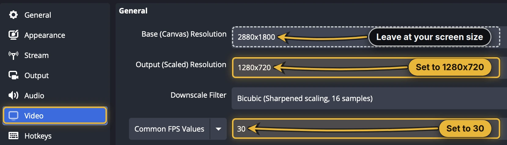 OBS Settings, Video tab: Base (Canvas) left at the screen size, Output (Scaled) Resolution set to 1280x720 and FPS set to 30